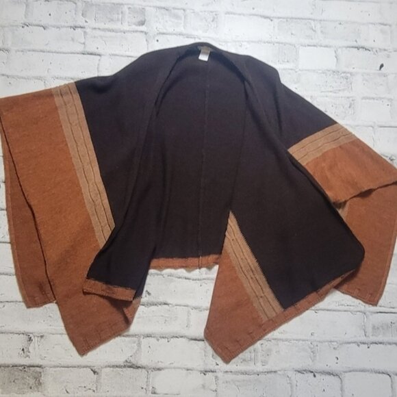 Corti Italy Wool Blend Poncho Cardigan One Size Brown Black Open Front Wrap - Picture 4 of 11